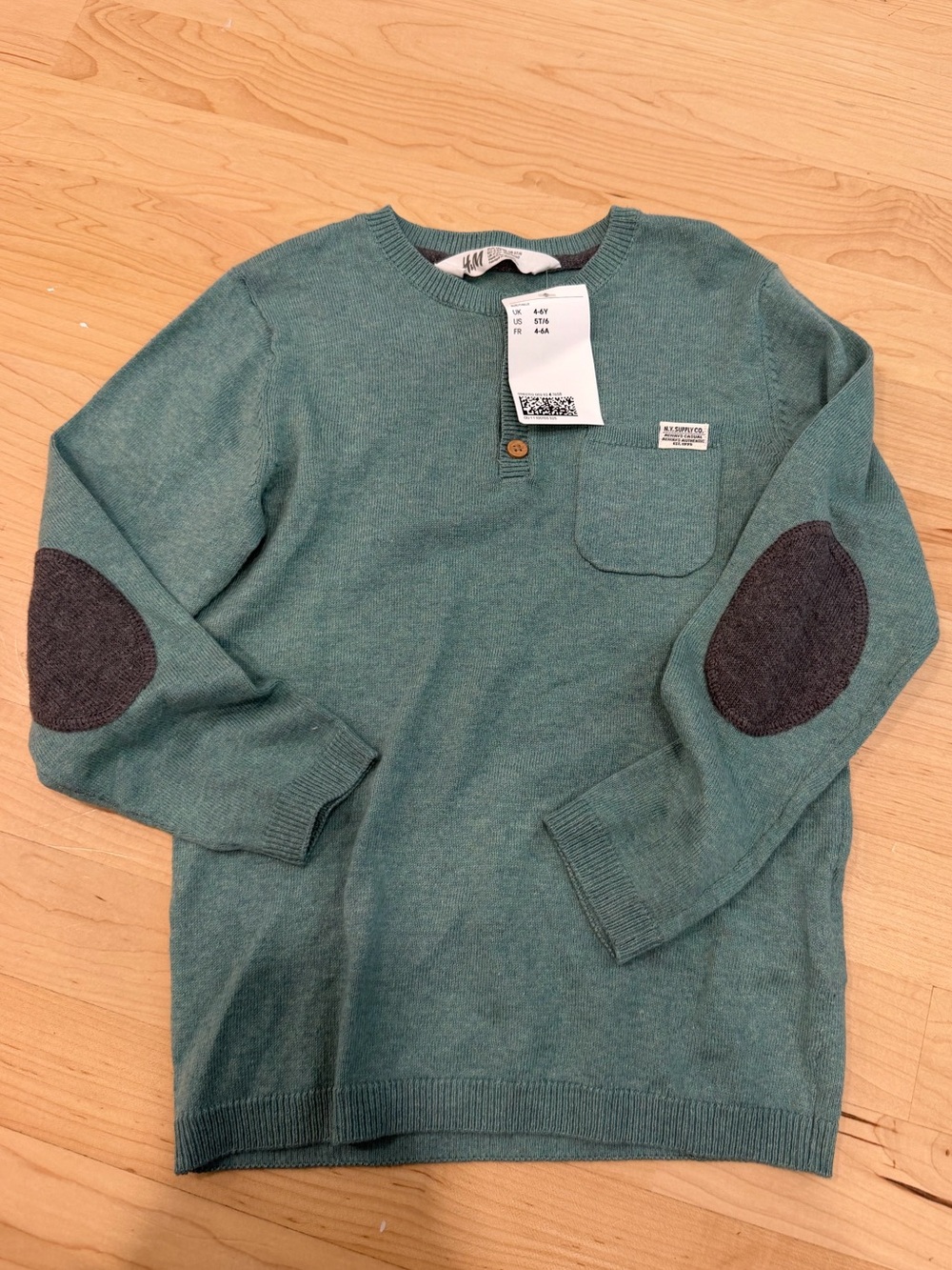 H&M Teal Knit Crewneck Sweater with Charcoal Elbow Patches